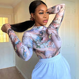 Women Autumn Fashion Long Sleeve Painting Printed Skinny Slim O Neck Bodysuit Romper Playsuit 2020 Fall