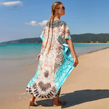 Bohemian Printed V-neck Batwing Sleeve Side Split Loose Summer Dress Long Tunic Women Plus Size Beach Wear Maxi Dress