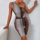 New Summer Dress With Hip Wrap Women's Striped Print Diagonal Shoulder Dress