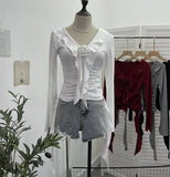 Han's New V-Neck Flower Irregular Lotus Leaf Edge Ribbon Slim Thin T-Shirt Short Top