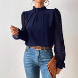 Spring And Autumn New Solid Color Half Height Folding Spliced Wavy Lotus Leaf Side Long Sleeve Yarn