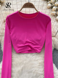 American Hotsweet Streetwear Y2K Tops Cropped O Neck Long sleeved Connecting Gloves Design Fashion Sexy Slim