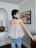 Glitter Polka Dot Backless Crop Cami Top Women Ruched Kawaii Cute Spaghetti Strap Tanks Camis Summer Korean