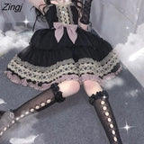 Gothic Black Sling Dress Women Japanese Kawaii Bow A-line Lolita Mini Dress Summer Sweet Sleeveless Punk Party