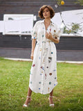 Women Fashion Printred Lantern Sleeves Shirt Dress Summer Lapel Single Breasted Causal Loose Robes Female Holiday Street