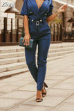 Women Jumpsuit Summer Sexy Short Sleeves V-neck Solid Belt Jumpsuit High Streetwear Bodycon Wide Leg Romper Pocket