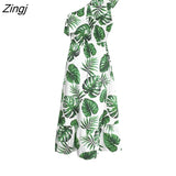 PETAL One Shoulder Ruffled Midi Dress For Woman Sexy Green Tropical Leaf Beach Holiday Dress 2023 Girls Summer
