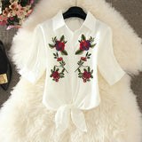 Summer Fashion Stripe Blouse Short Sleeve Shirt Women Blouses Chiffon Embroidery Shirts White Blue Top Blusas Women