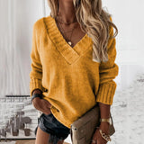 Women's Wear Solid Street Hipster Color Sweater V-neck Long Sleeve Pullover