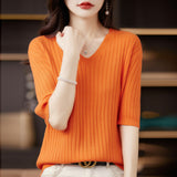 Zingj The Summer Of 2023, Women's Knit Short Sleeve Korean V-Neck Solid Color T-Shirt And A Pit Top-Outfit