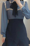 Women Solid Color Long Puff Sleeve Tops Women Pearl Button Cardigan Shirts Sweet Tassel Lace Splice Bow Tie Blouse Blusas
