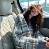 Zingj Jacquard Diamond Loose Sleeve Knit Sweater Female Student 2024 New Autumn And Winter Outside Wear Lazy Wind-Outfit