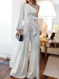 Wide Leg Pants Printed Two Piece Set New Summer Slan shoulder Sexy Party Sequins Suits Commuter High Waist Office Lady