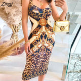 Summer Woman Sexy Fashion Sleeveless Cheetah Scarf Print Colorblock Midi Dress Yellow Leopard Tank Tight Party Dress
