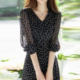 Summer Fashion V-neck Dot Print Waist Midi Dress Women's Simple Temperament Holiday Casual Dresses Long Sleeve