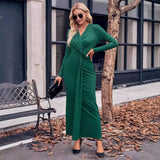 New 2025 Women's V-Neck Solid Color Kink Waist Long-Sleeved