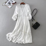 2022 Summer Women Long Tunic Beach Dress Sundress Long Sleeve White Lace Sexy Boho Maxi Dress Holiday