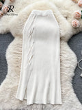 Women Solid OL Knitted Skirt 2023 Temperament High Waist Cross Design Fashion Bodycon Winter Midi Long Sweater