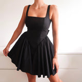 Zingj Hot Girl Wind Back Hollow Out Lace Princess Dress Solid Color U Collar High Waist A Word Line Dress Short