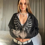 Rhinestone Skeleton Hoodies Women Gothic Black Zip Up Oversized Sweatshirts Female Retro Harajuku Hooded Jacket