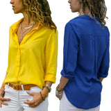Spring Autumn Sexy Deep V Neck Chiffon Long Sleeve Ladies Work Shirts Casual Slim Button Women's Blouse White Solid