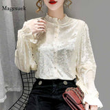 Vintage Autumn New Pleated Lace Stand Collar Blouse Women Velvet Lantern Sleeve Shirt Tops Women Cardigan Clothing