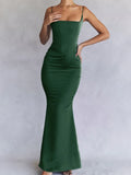 Green Satin Strappy Corset Maxi Dress-Outfit