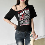 Spring Women's New Street Fashion Hottie Bare Shoulder Prints Umbilly Umbilly Top