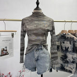 Real Shooting Wave Side Half-High Collar Net Yarn Dyed Long Sleeve Thin Inside The Bottom Shirt Autumn And Winter Folded T-Shirt