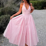 2025 Spring New Retro French Famous Hanging Neck Dress Gentle Lattice Waist Thin Sweet Dress