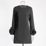 French Literary Style And Wind Collar Three-Dimensional Flower Splicing Short Dress 2025 Summer New Temperament Long-Sleeved Short Dress