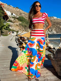 New Stripe Women Two Piece Set Skirt Flying Sleeve Square Collar Top High Waist A-line Long Skirt Fashion Summer