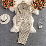 Women 3 Piece Set 2021 Autumn New Korean Style Temperament Fashion Suit Plaid Knitted Cardigan Bottoming Camisole