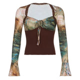 Zingj Abstract Print Stretch T-Shirt Fall 2023 New Slim Slim Low Breast Horn Sleeve