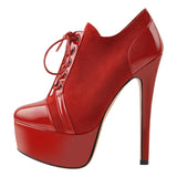 Onlymaker Women's Black Red Platform Ankle Boots High Heels Lace Up Patent leather Stiletto Sexy Lady Fashion Sexy