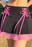 Harajuku Gothic Dark Academia Lace Trim Pleated Skirt Vintage Tie Up High Waist Skirt Mini Woman Goth Skirts