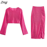 Women High Street Rose Red Sequined Split Midi Skirt Faldas Mujer Female Chic Side Zipper Slim A Line Vestidos