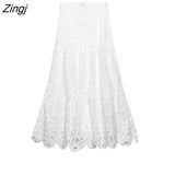 Women Fashion Hollow Out Embroidery Casual White A Line Skirt Faldas Mujer Female Side Zipper Chic Midi Vestidos