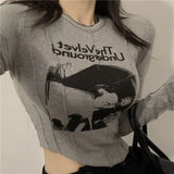 Print Cropped Tops 90s Vintage Women Long Sleeve Skinny T-shirt Y2K Female Autumn Basice Tees Harajuku
