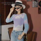 Tie Dye Mesh Top Long Sleeve T Shirt Women Aesthetic Summer Sky Print Tshirt Frill Crop Tee Purple Top Fashion
