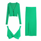 Green Knitted Ribbed 3 Pieces Women Sets Y2K Summer Holiday Single Button Loose Coat Sexy Underwear Bra High Waist