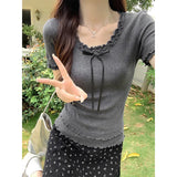 Double-layer Bow Patchwork Short sleeve TeeOutfit