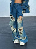 Fashion Jeans Spring 2025 New Versatile Broken Hole Design Sense Worn Straight Tube Long Wide Leg Pants