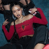 Gothic Off Shoulder T-shirts Solid Embroidery Front Long Sleeve Ruffle Hem Crop Tops Fashion Spring E girl Tees