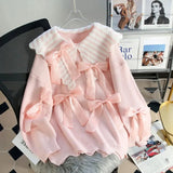 Large Collar Pink Bow Striped Knitted Sweatshirt- Outfit