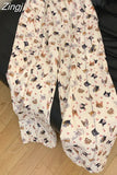 Retro Overall Cat Print Full Length Cargo Pants Straight Loose Wide Leg High Waist Women Y2k Casual Trousers