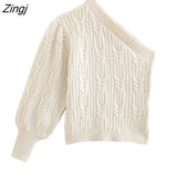 Women Sexy Asymmetry Single Shoulder Short Crochet Knitting Sweater Female Chic Lantern Sleeve Slim Pullovers Tops