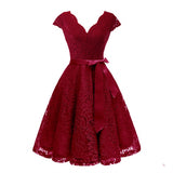 V-Neck Lace Knee-Length Women Dresses With Short Sleeves Sundress Female Vestidos New Arrival Chic Formal Party