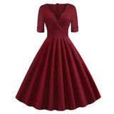 Green Solid Rockabilly 1950S Vintage Ruched V Neck Elegant Party Dress Women 2021 Summer Half Sleeve A Line Midi