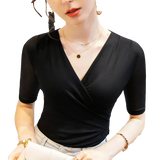 Summer Thin Women Crossed V Neck Mesh T Shirts Lady Elegant Elastic Base Folds Tops Tees Female Half Sleeve